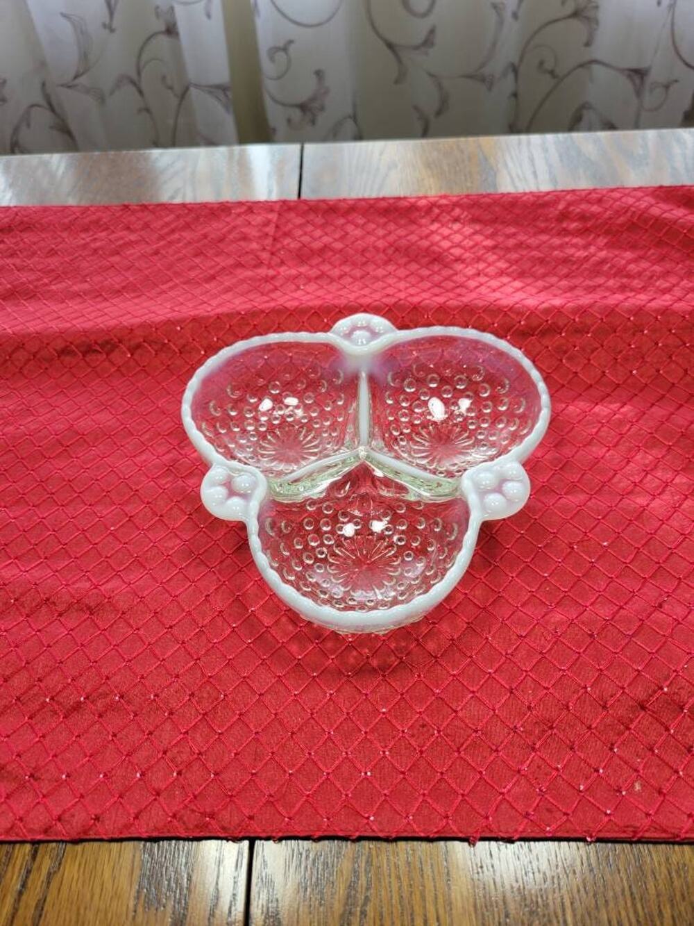 Vintage Anchor Hocking Moonstone Hobnail Opalescent 3 Section Clover Relish Dish